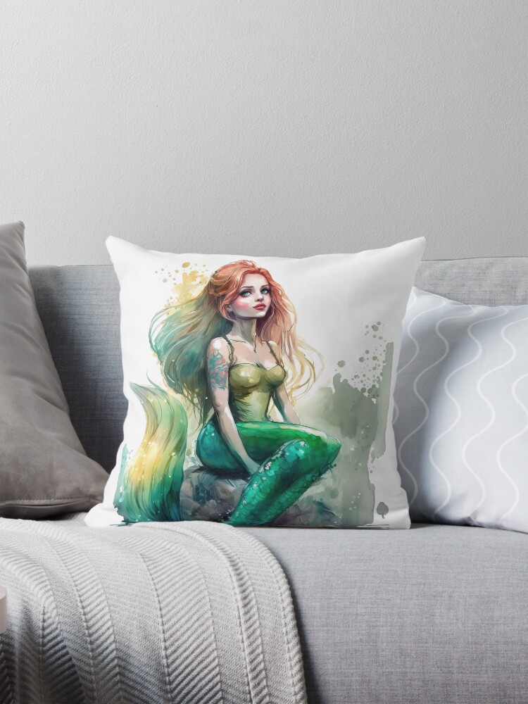 Beautiful Mermaid Sitting on the Stone Watercolor Green Mermaid Pillow for Sale by MoonFoxDesign Redbubble