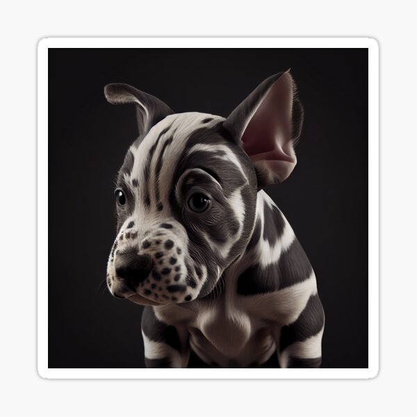 Zebra-Striped Puppy Close-up Portrait 3D Render on Dark Gray Background Glossy Sticker