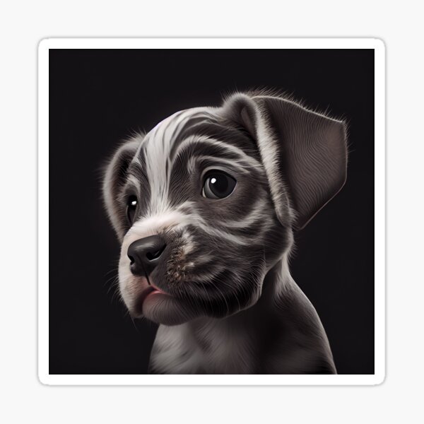 Zebra-Striped Puppy Close-up Portrait 3D Render on Dark Gray Background Glossy Sticker