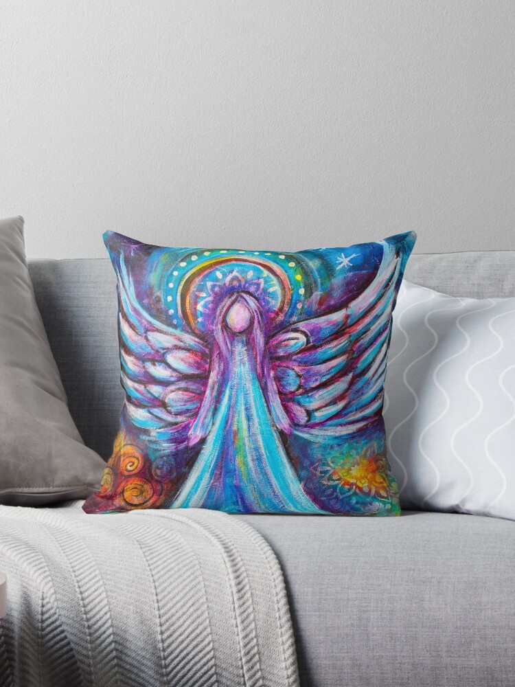 Throw Pillow, Blessed Blue Angel Guide Painting designed and sold by heartsake