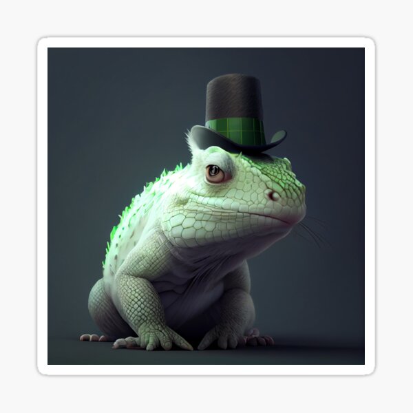 Stylish White Lizard with Cool Green Hat Close-up 3D Render on Gray Background Glossy Sticker