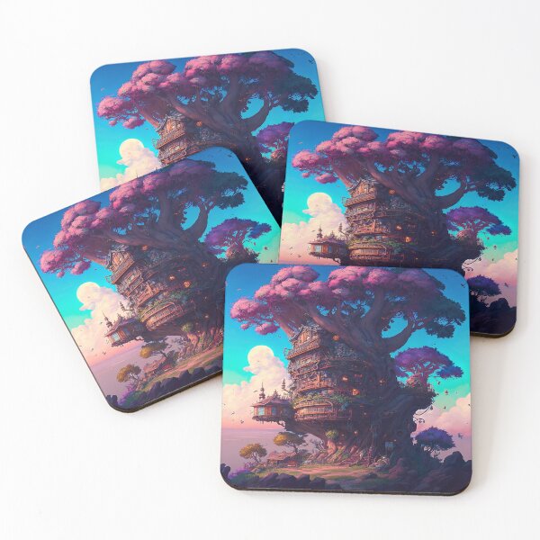 Aperçu de l'œuvre Miyazaki Inspired Landscape Treehouse Beautiful Colors créée et vendue par jojolescargot.