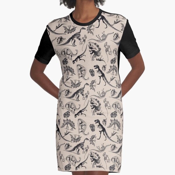 Vintage Museum Dinosaurs and Skeletons Black and Cream Graphic T-Shirt Dress