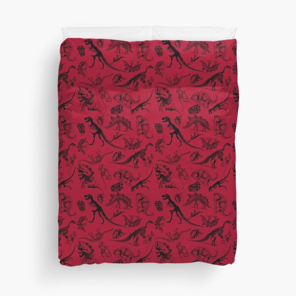 Vintage Museum Dinosaurs and Skeletons on Crimson Red Duvet Cover