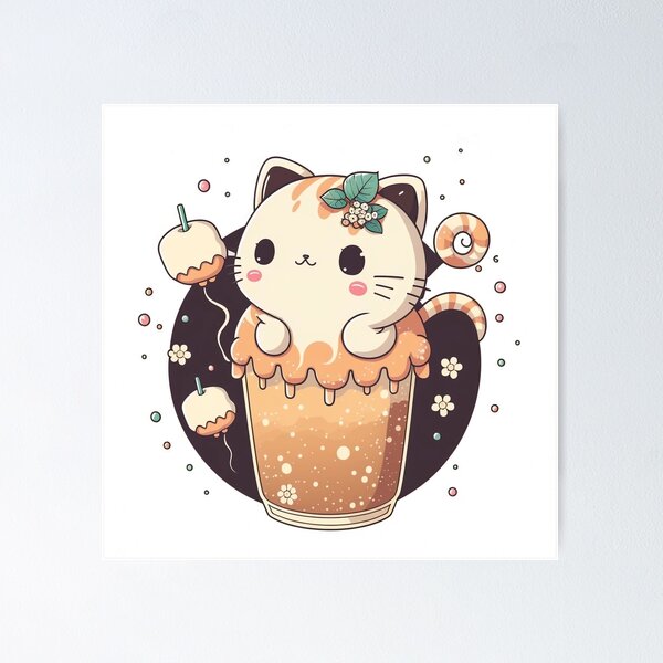 Kawaii Neko Cat Pink Japanese Bubble Tea Kitty Boba Drink Poster for Sale  by ZNOVANNA