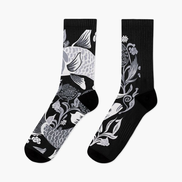 Item preview, Beautiful Floral Style Japanese Koi Fish Pattern Design in Black and White designed and sold by Thread Bubbler.