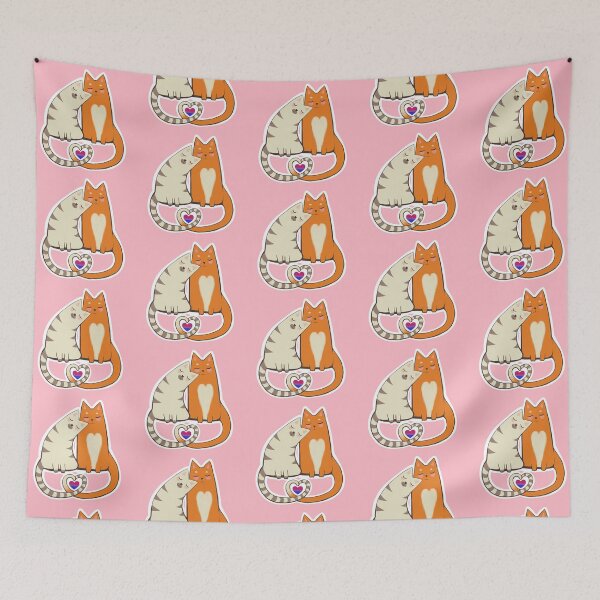 Item preview, White Cat with Brown Stripes Cuddling Orange Cat with White Belly LGBT Bi Pride Heart Hug Love designed and sold by PurpleFlameArt.