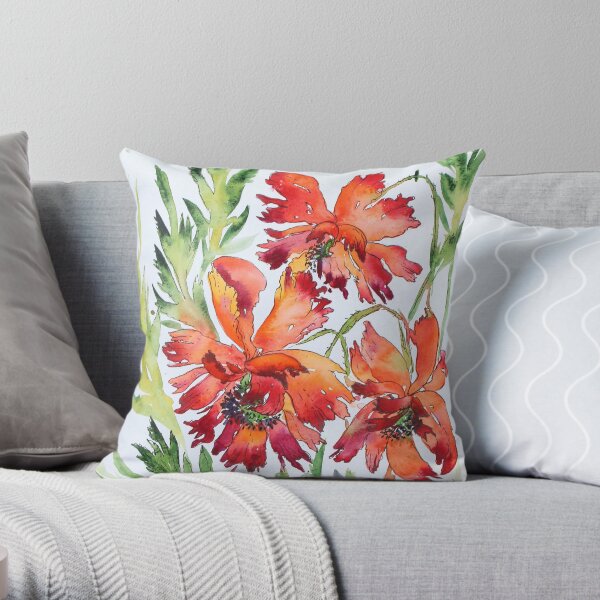 Windy Poppies WAtercolor Painting Throw Pillow