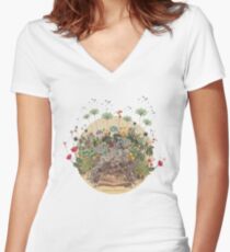 FANTASTISCHES BOTANISCHES Tailliertes T-Shirt mit V-Ausschnitt