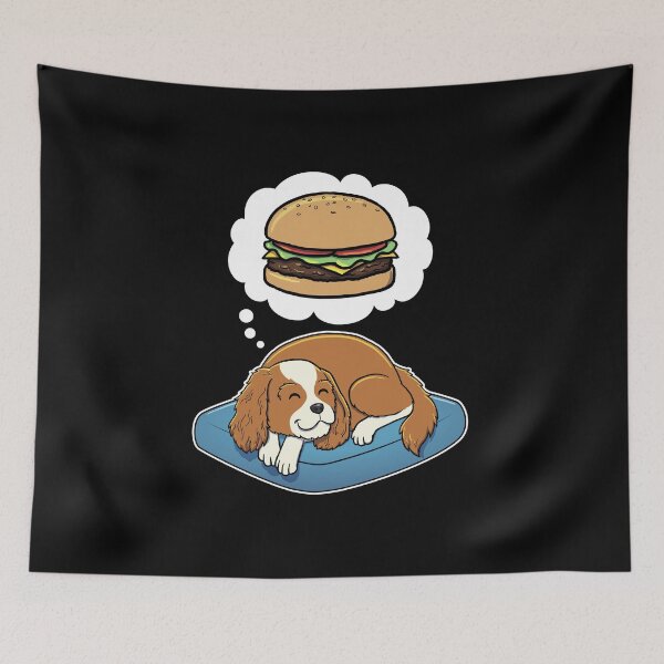 Aperçu de l'œuvre Cavalier King Charles Spaniel dreaming about Hamburgers créée et vendue par DoggieDelights.