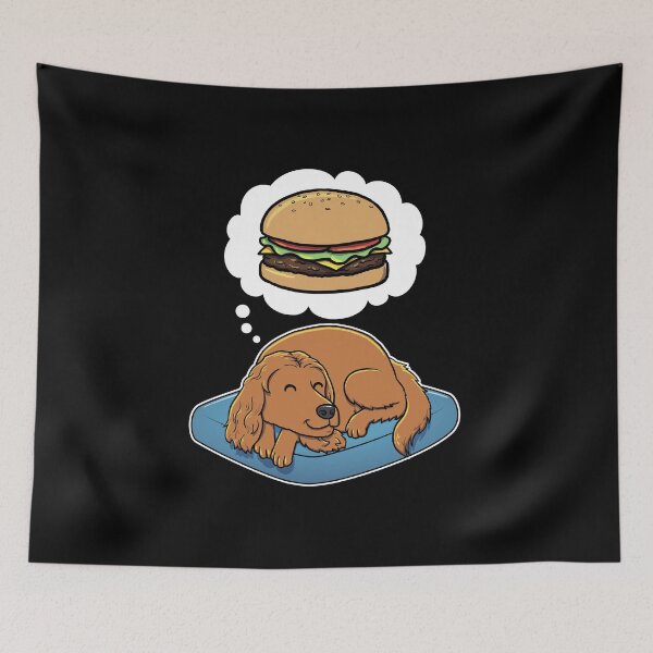 Aperçu de l'œuvre English Cocker Spaniel dreaming about Hamburgers créée et vendue par DoggieDelights.
