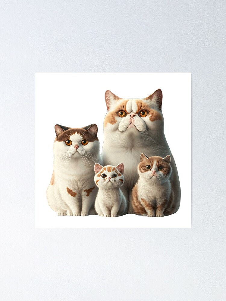 Funny cat family, group photo, cute kittens with parents, cat