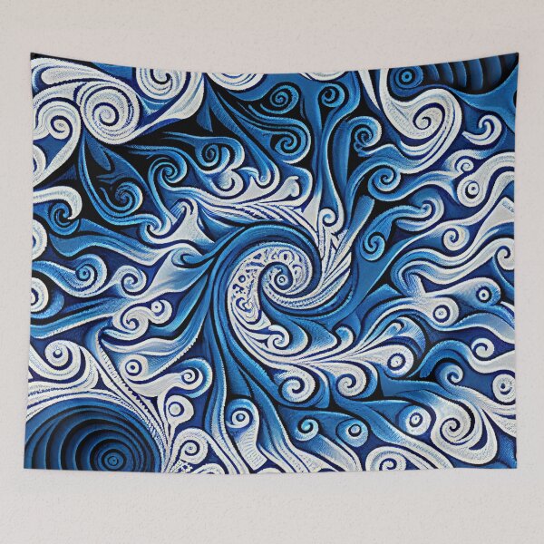 Aperçu de l'œuvre Swirling Psychedelic Enchanted Blue White African Pattern Digital Painting créée et vendue par CodeAndColors.