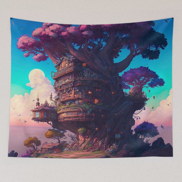 Artikelvorschau, Miyazaki inspirierte Landschaft Baumhaus schöne Farben entworfen und verkauft von jojolescargot.