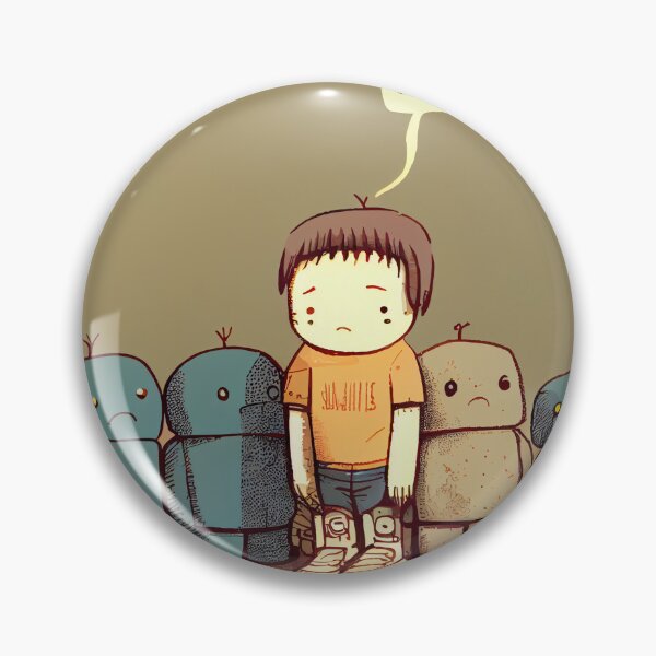 Artikelvorschau, Sad Cartoon Boy with Sad Robots Digital Painting entworfen und verkauft von CodeAndColors.