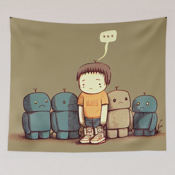 Aperçu de l'œuvre Sad Cartoon Boy with Sad Robots Digital Painting créée et vendue par CodeAndColors.