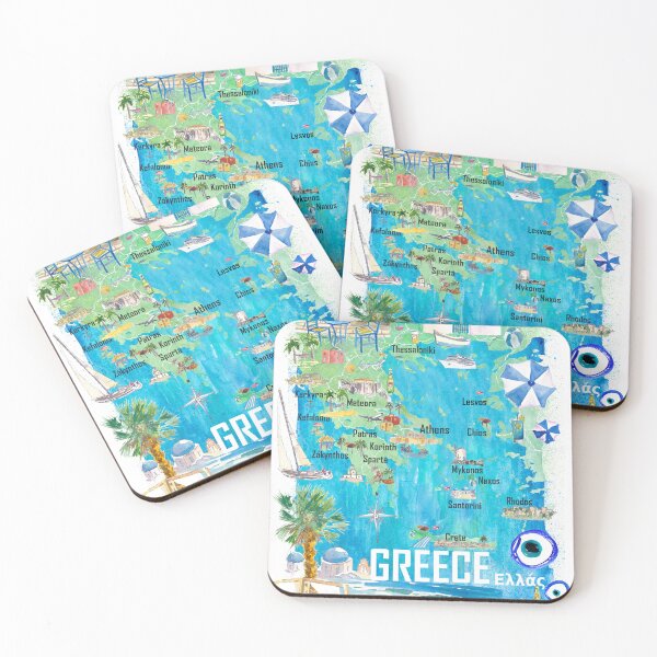 Item preview, Greece Illustrated Travel Map in Mediterranean Aegean Adriatic Seas with Roads and Tourist Highlights designed and sold by artshop77.