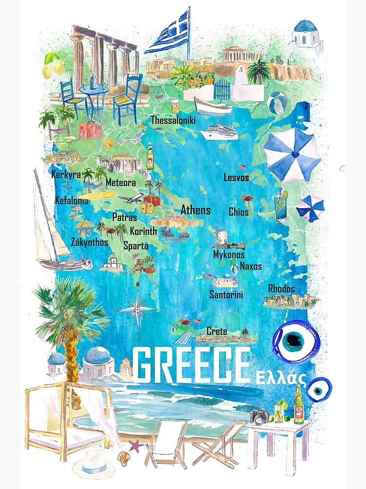 Carte de voyage illustrée de la Grèce dans la mer Adriatique de la mer Égée  méditerranéenne avec les routes et les points forts touristiques | Carte