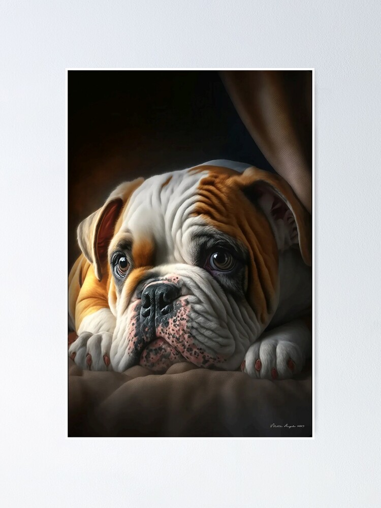 Poster for Sale mit Netter Bulldoggenwelpe auf dem Sofa von Mitch-Angelo