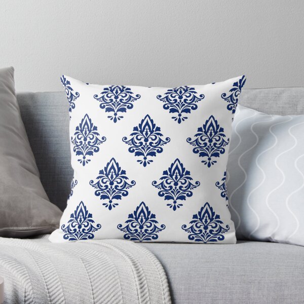Hamptons Navy Blue and White Damask Pattern Throw Pillow