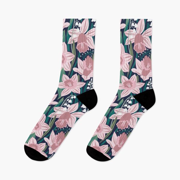 Item preview, Toxic beauty // oxford navy blue background cotton candy pink and dry rose daffodils and white lily of the valley flowers sage pine and jade green leaves designed and sold by SelmaCardoso.