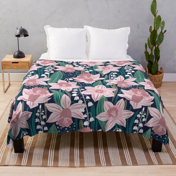 Item preview, Toxic beauty // oxford navy blue background cotton candy pink and dry rose daffodils and white lily of the valley flowers sage pine and jade green leaves designed and sold by SelmaCardoso.