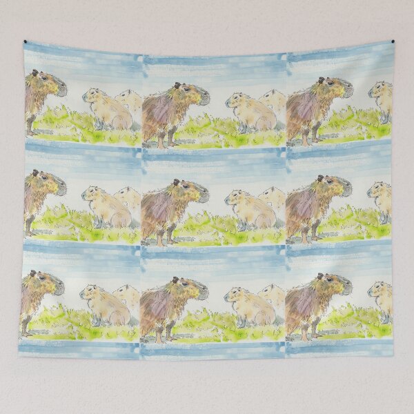Item preview, Capybara sitting down watercolor painting designed and sold by MikeJory.