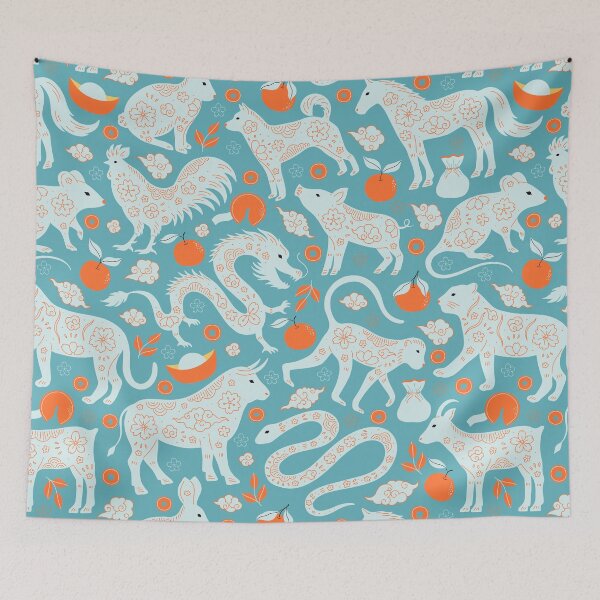 Item preview, Chinese Zodiac Animals Blue Pattern designed and sold by FengShuiLounge.