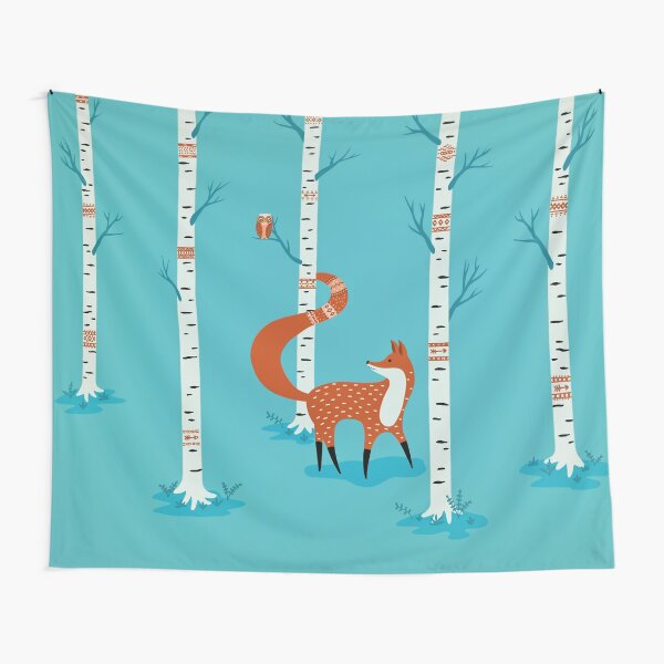 Fox - Owl - Birch Trees Tapestry