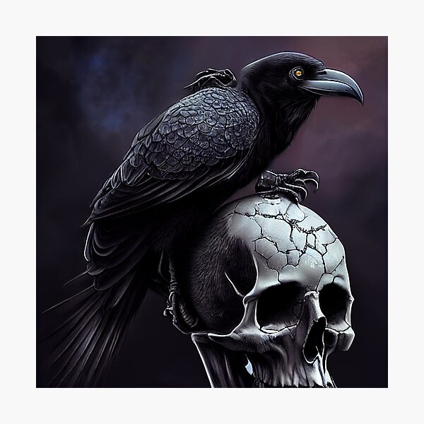Gothic skull with black raven bird