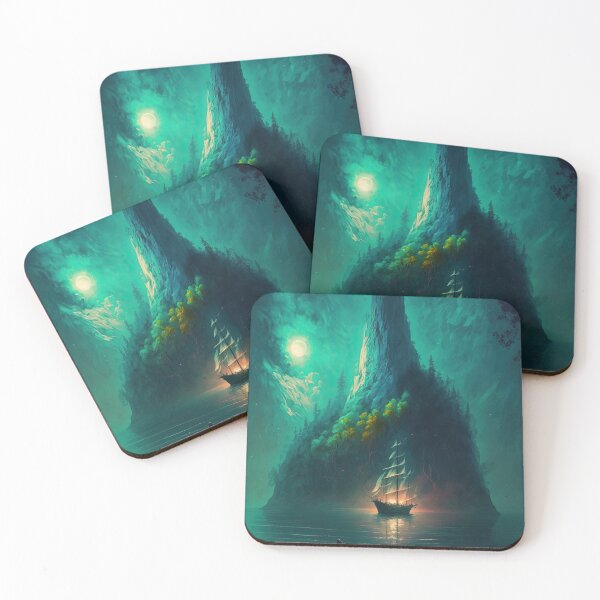 Item preview, Sailboat Before a Great Mountain Island, Moonlight Fantasy Landscape designed and sold by CasualCommander.