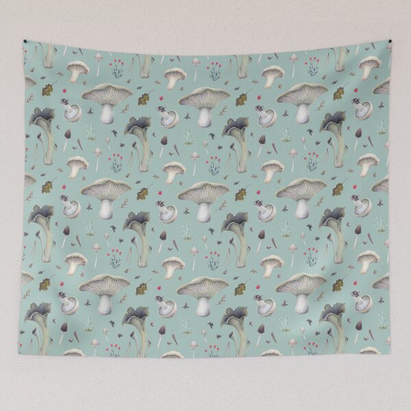 Item preview, Mushroom Shades of Grey on a Cozy Blue-Grey Background designed and sold by Forest of Wonders.