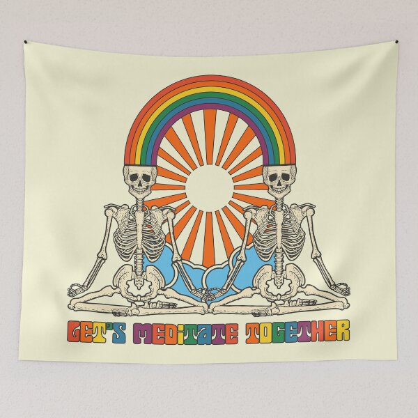 Item preview, meditating skeletons, sun and rainbow, psychedelic t-shirt print designed and sold by ShamanskaKate.
