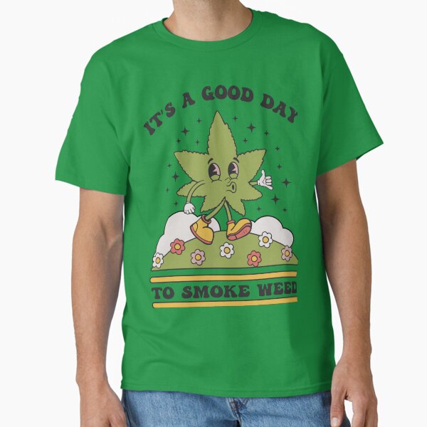 Item preview, marijuana leaf character smiles and walks , cheerful print on a t-shirt, retro style	 designed and sold by ShamanskaKate.
