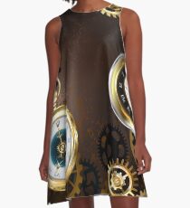Brown Background with the Clock ( Steampunk ) A-Line Dress