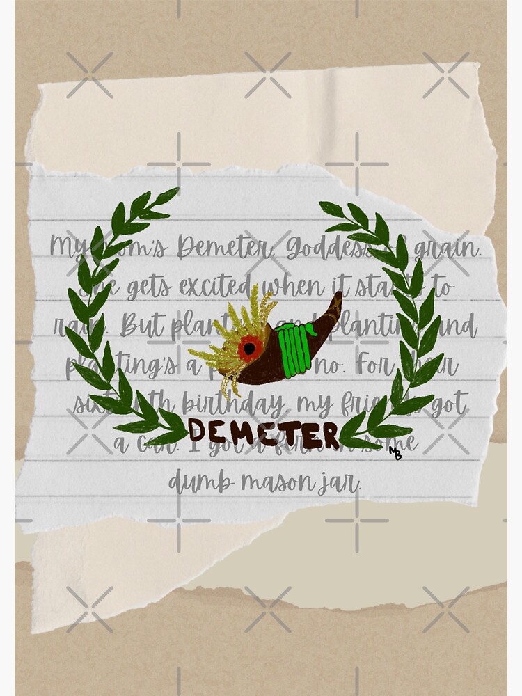 "Demeter's symbol with Lightning Thief musical lyrics" Sticker for Sale