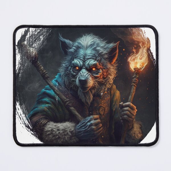 Item preview, Old wizard human wolf with a torch and magic cane designed and sold by Wolf-Bros.