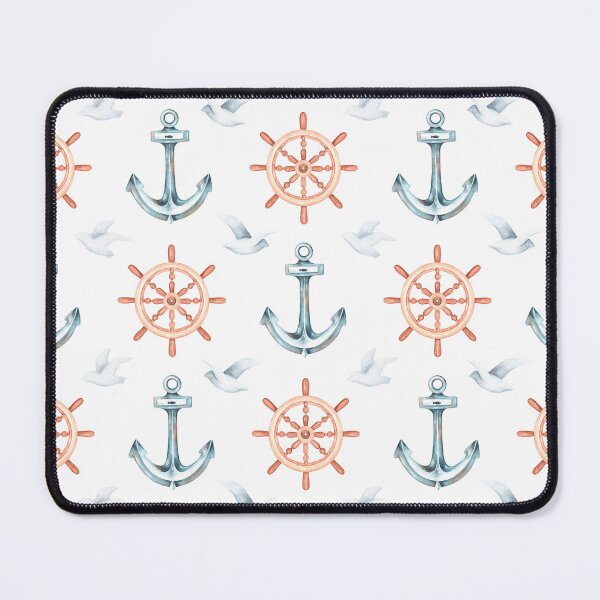 Item preview, Anchor and steering wheel pattern. Marine print. Watercolor illustration. designed and sold by Trilisti.