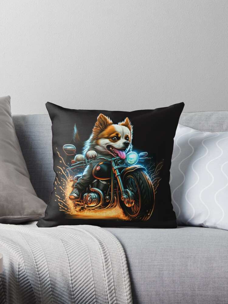 Dog on motorbike Pillow by Kiraslife