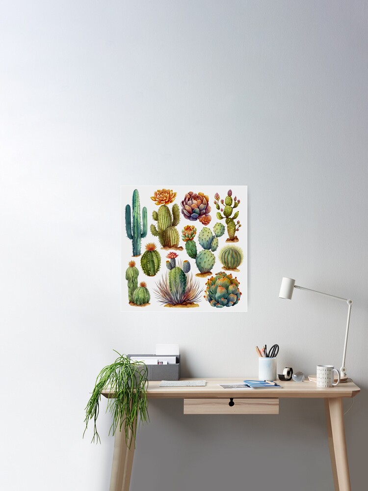 set of cacti, aloe and leaves. Decorative natural elements. Cactus with  flowers. botanical illustration. No.3 | Poster