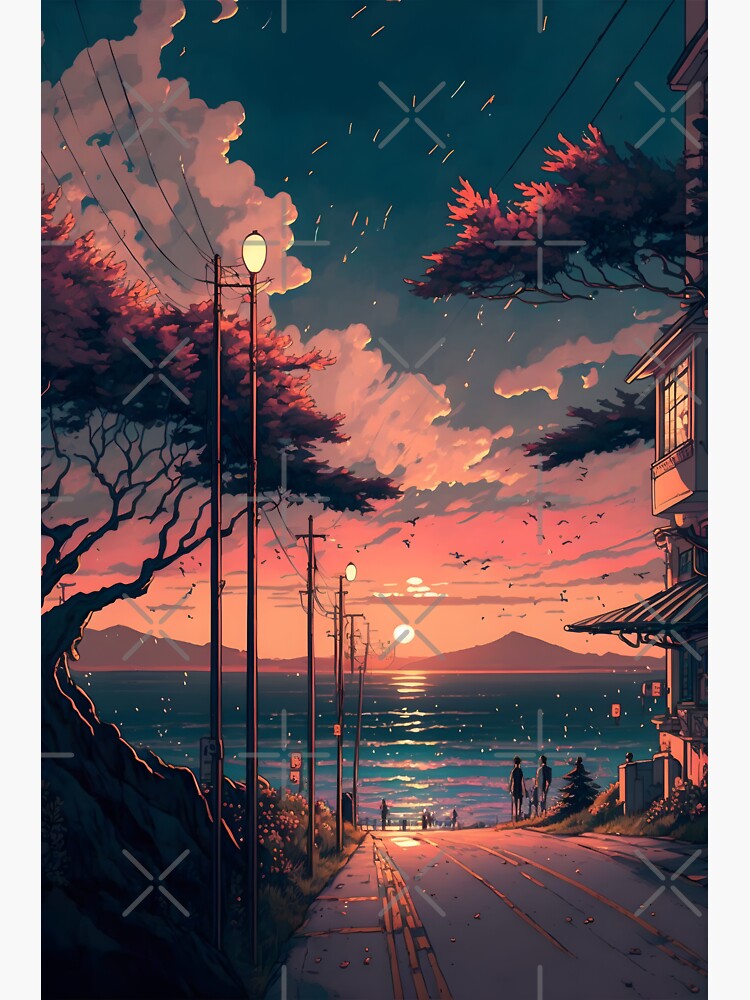sunset from the city tower anime digital art illustration paint background  wallpaper Stock Illustration | Adobe Stock