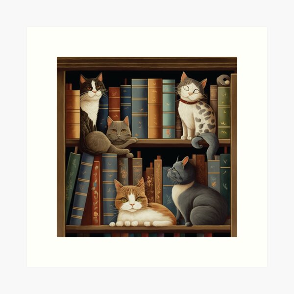 Library cats - whimsical cats on the book shelves Art Print