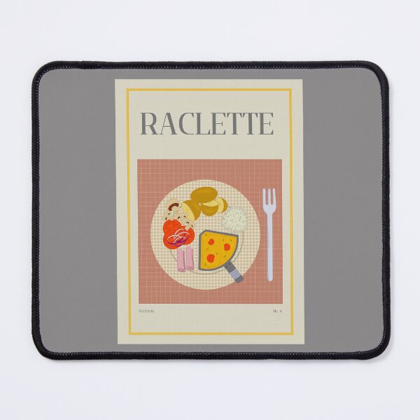 Item preview, RACLETTE illustration with a pan, cheese, potatoes, ham, mushrooms and tomatoes designed and sold by Posteria.
