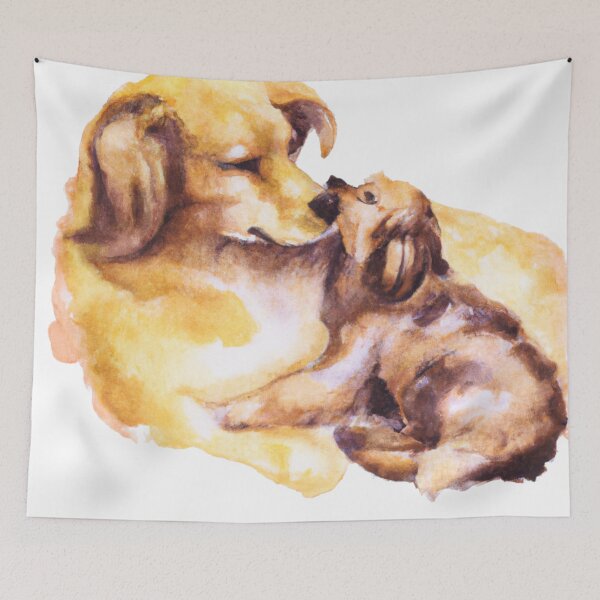 Item preview, Dog Mom Cuddling Puppy, Watercolor painting designed and sold by Color-Me-Blue.