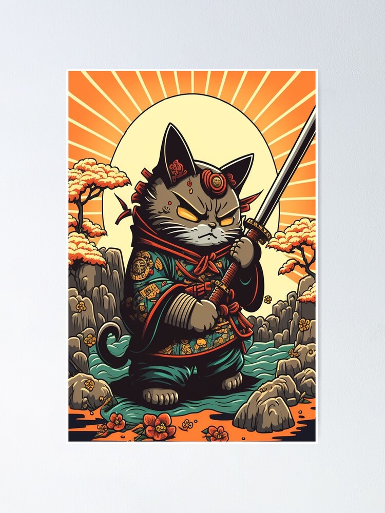 Poster Anime de Gato Samurai do Estilo Japonês Kawaii