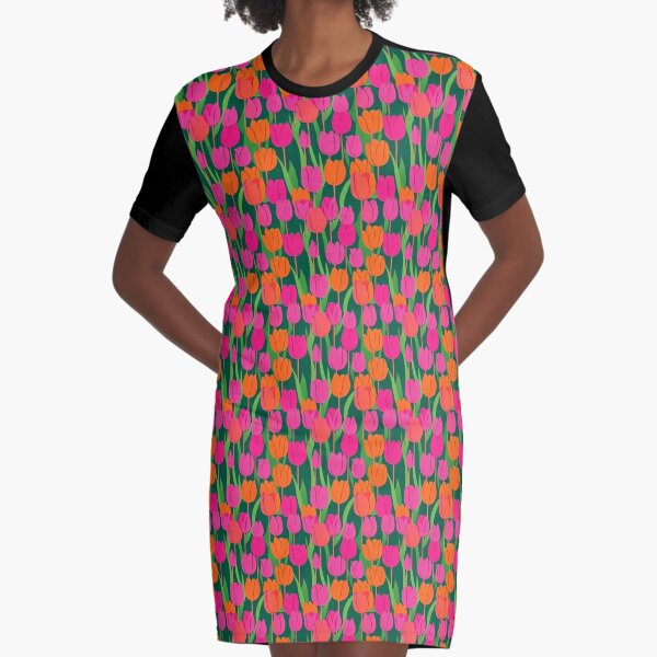 Pink and red tulip pattern,graphic design colorful spring floral Graphic T-Shirt Dress