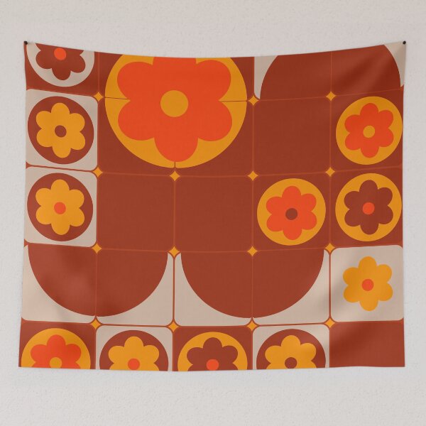 Item preview, abstract geometric pattern ith simple flowers in 70's style designed and sold by ShamanskaKate.