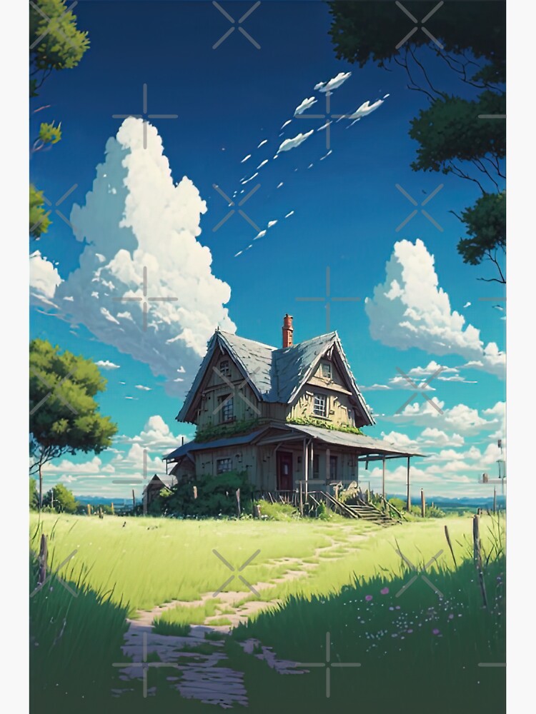"Hayao Miyazaki Meadow Sky Cabin" Sticker for Sale by SanexDesign