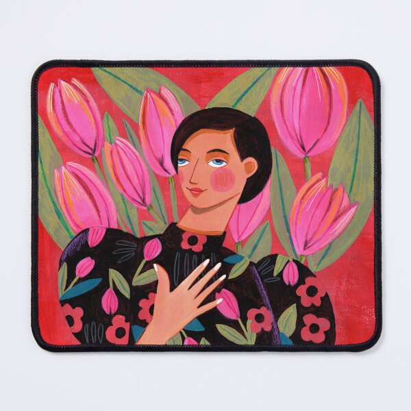 Item preview, Portrait woman with tulips on red background designed and sold by Caroline Bonne Müller.