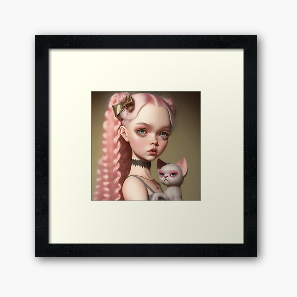 Pink hair Girl with her grumpy cat Framed Art Print